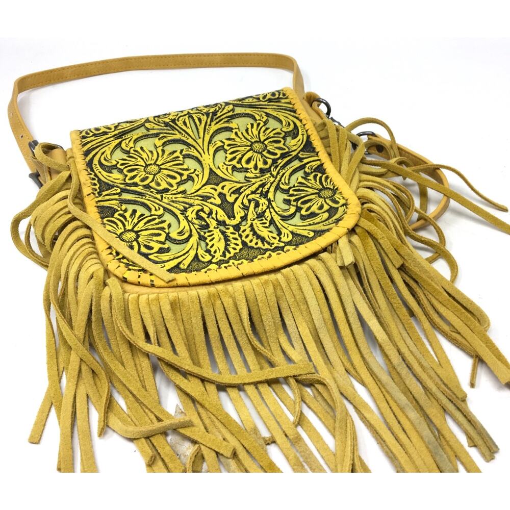 Montana West Women's Yellow Tooled Western Leather Fringe Crossbody Bag Purse